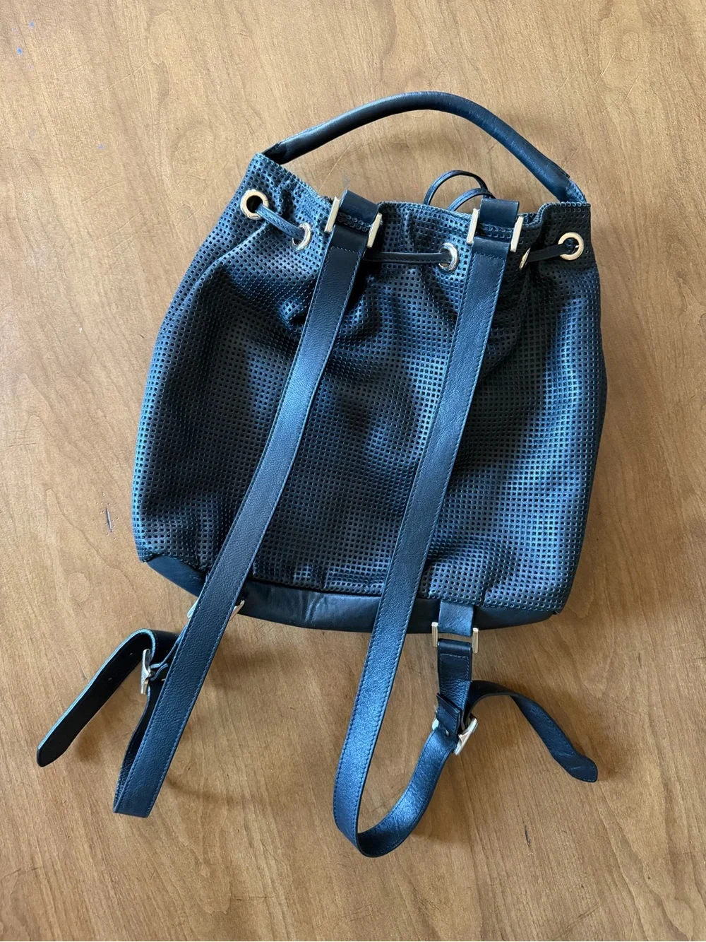 & Other Stories Black Perforated Leather Drawstring Hobo Backpack